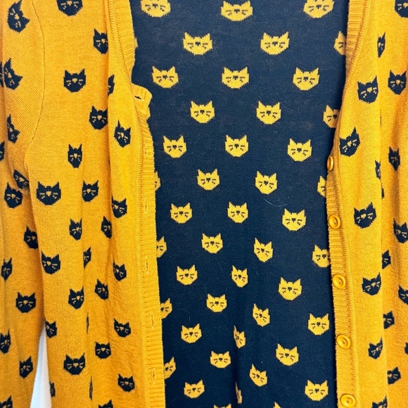 Yemak Black Cat Patterned mustard Yellow cardigan Sweater 3/4 sleeve size S - Picture 5 of 13